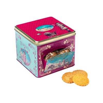 Caixa metálica colorida para biscoitos com biscoitos redondos