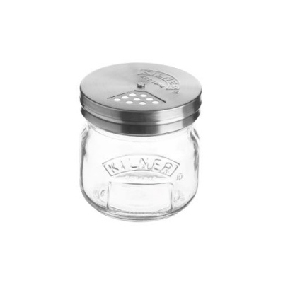 Frasco de vidro transparente com tampa metálica perfurada da marca KILNER