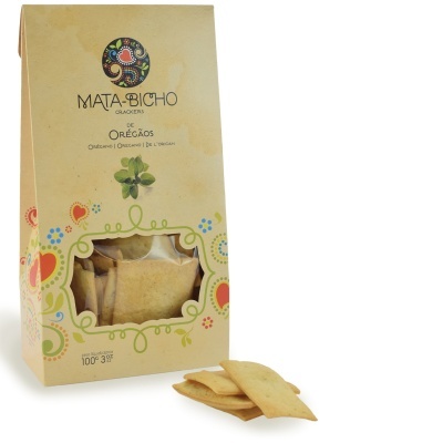 Pacote de crackers com orégãos MATA-BICHO em embalagem de papel castanho com detalhes florais.