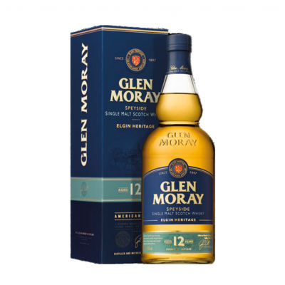 Garrafa de whisky Glen Moray de 12 anos com caixa azul