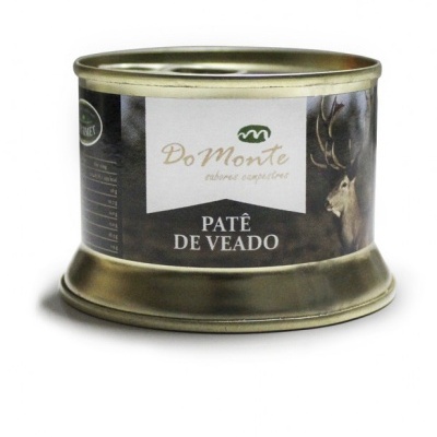 Lata metálica de paté de veado da marca DoMonte com rótulo preto, branco e verde
