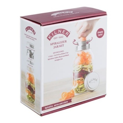 Caixa do conjunto Kilner Spiralizer Jar Set mostrando frasco de vidro com legumes em espiral.