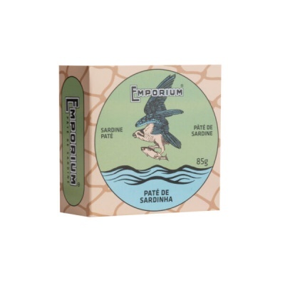 Embalagem de patê de sardinha Emporium com ilustração de ave e sardinha