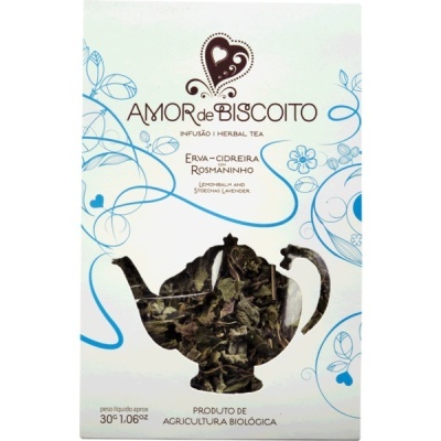 Caixa de chá herbal AMOR de BISCOITO com erva-cidreira e rosmaninho e janela em formato de bule