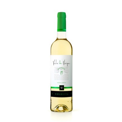 Garrafa de vinho branco com rótulo branco e verde e tampa verde.