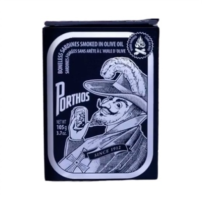 Embalagem de sardinhas fumadas em azeite Porthos com ilustração de homem a preto e branco