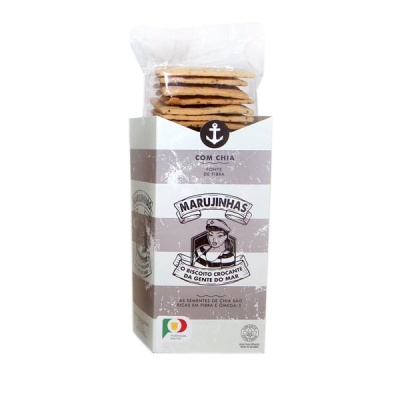 Embalagem de bolachas Marujinhas com chia com design riscado cinzento e branco e âncora