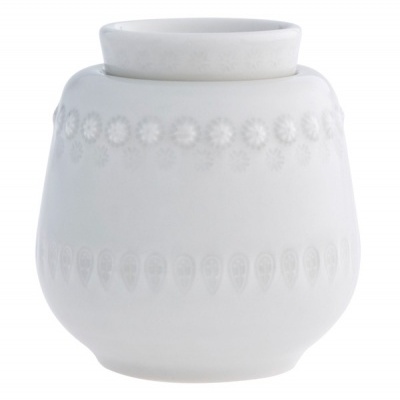 Frasco de cerâmica branco com padrão em relevo e tampa larga