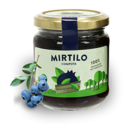 Frasco de compota de mirtilo com rótulo verde e tampa dourada