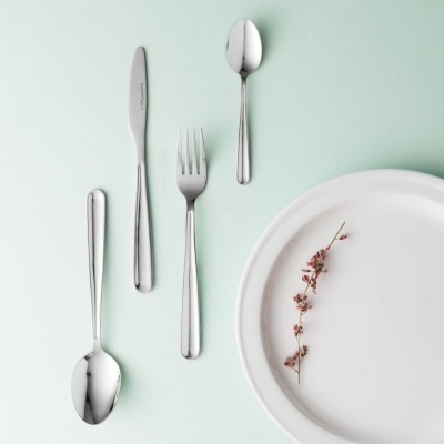 Conjunto de talheres em aço inoxidável ao lado de prato branco com flor seca