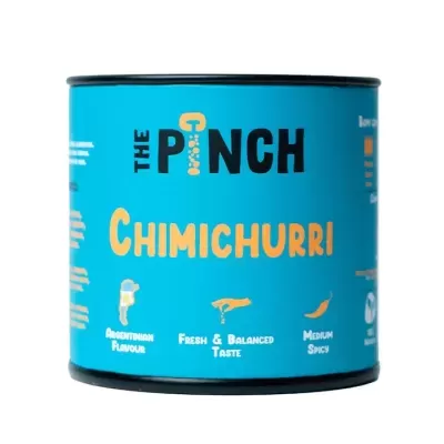 Lata azul de chimichurri com texto e ícones pretos e amarelos
