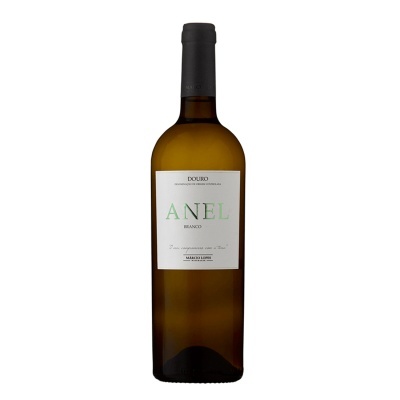 Garrafa de vinho branco Anel Douro com rótulo branco
