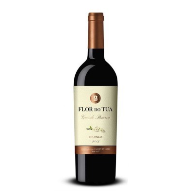 Garrafa de vinho tinto Flor do Tua Grande Reserva 2018 com rótulo branco e cápsula castanha