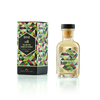 Garrafa de licor flor de sabugueiro com embalagem colorida geométrica