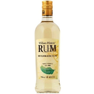 Garrafa de rum William Hinton Madeira com rótulo creme e verde e tampa dourada