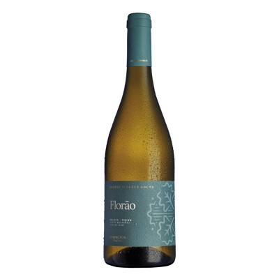 Garrafa de vinho branco Florão Dão 2020 com rótulo azul-acinzentado e tampa azul-esverdeada