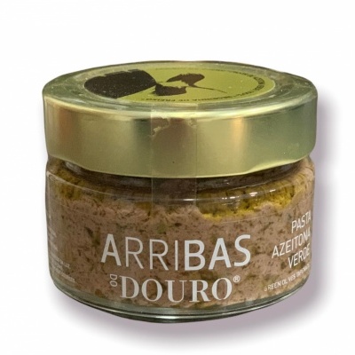 Frasco de pasta de azeitona verde com tampa dourada e rótulo branco