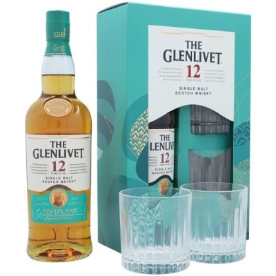 Conjunto de whisky The Glenlivet 12 anos com embalagem e dois copos