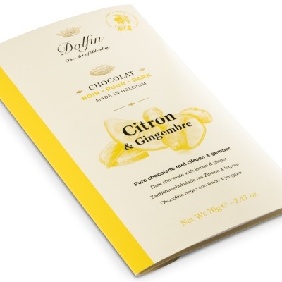 Embalagem branca e amarela de chocolate negro Dolfin sabor limão e gengibre