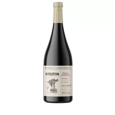 Garrafa de vinho tinto Casa da Passarella O Fugitivo 2021 com rótulo branco e desenho de árvore