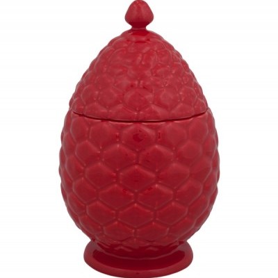 Pote decorativo vermelho em forma de ovo com textura hexagonal.