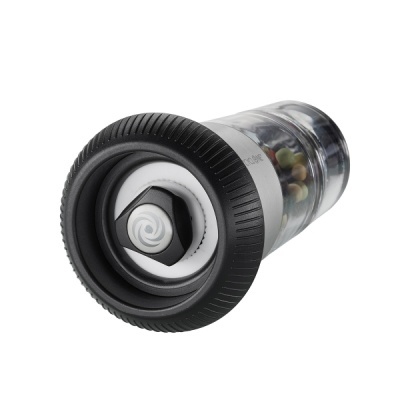 Moedor de pimenta transparente com topo preto e interior colorido