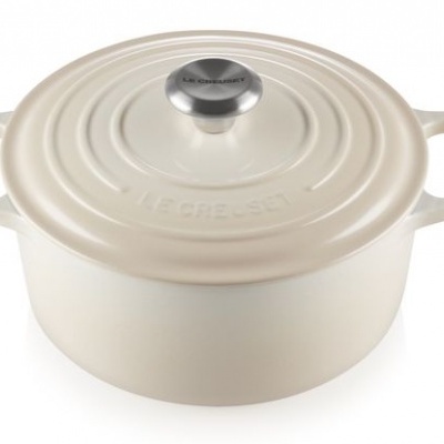 Caçarola redonda creme Le Creuset com tampo e pega de aço inoxidável