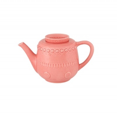 Chaleira coral em cerâmica com padrão em relevo e tampa