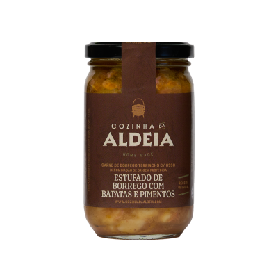 Frasco de vidro com estufado de borrego e rótulo castanho COZINHA DA ALDEIA