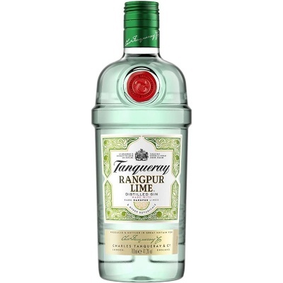 Garrafa de gin Tanqueray Rangpur Lime com tampa verde e rótulo branco