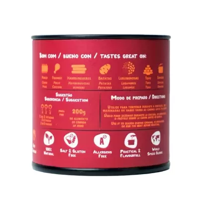 Lata vermelha com instruções culinárias e rótulo em várias línguas