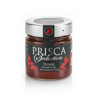 Frasco de compota de morango PRISCA Seduction com etiqueta preta e vermelha.