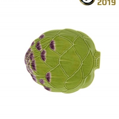 Prato cerâmico verde em forma de alcachofra com detalhes roxos
