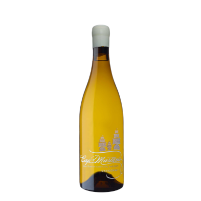 Garrafa de vinho Chardonnay Cap Martine com rótulo branco e imagem de barcos