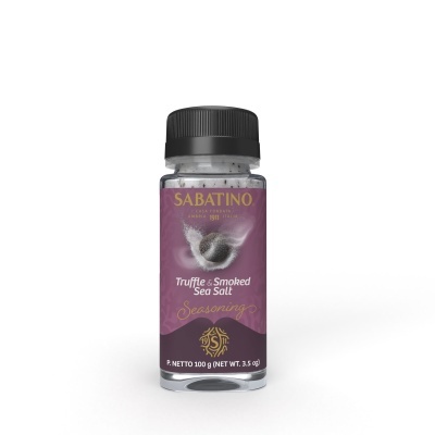 Frasco de sal marinho fumado com trufa Sabatino com rótulo roxo e tampa preta