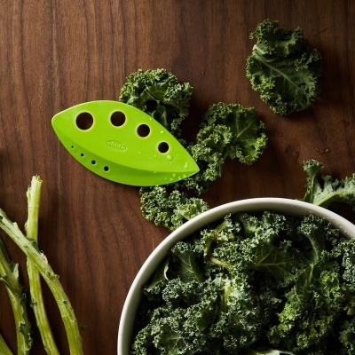 Utensílio de cozinha verde e folhas de couve numa superfície de madeira