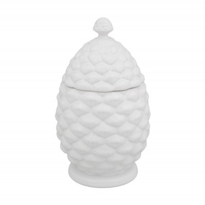 Pote decorativo branco com textura de pinho e tampa