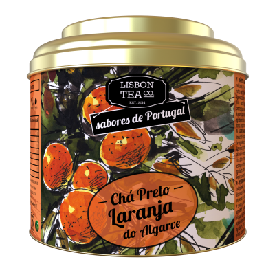 Lata de chá preto sabor laranja com ilustrações de laranjas e folhas
