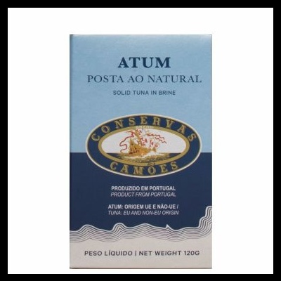 Embalagem de conserva de atum seca azul com texto e selo oval com navio