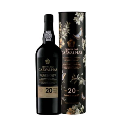 Garrafa e caixa de vinho do Porto Quinta das Carvalhas 20 anos