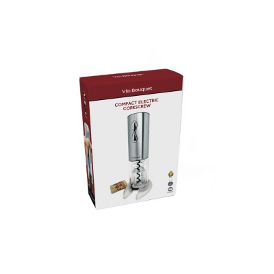 Embalagem de saca-rolhas elétrico compacto prata com imagem e texto na embalagem