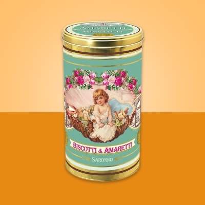 Lata azul e dourada vintage para biscoitos e amaretto com criança e flores