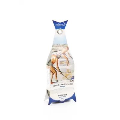 Embalagem em forma de peixe para bacalhau com ilustração e texto