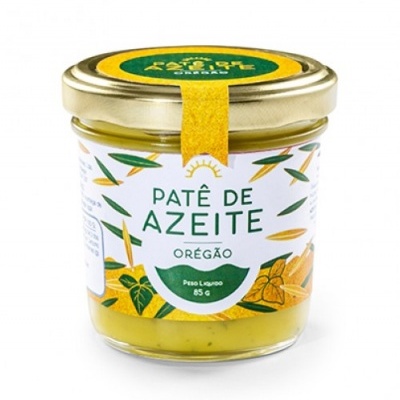 Frasco de paté de azeite com orégão com etiqueta branca, tampa dourada