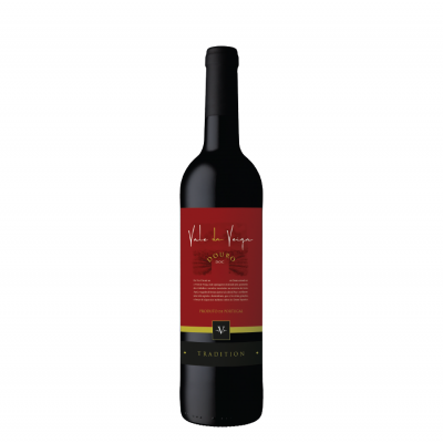 Garrafa de vinho tinto Vale de Veigas com rótulo vermelho e preto