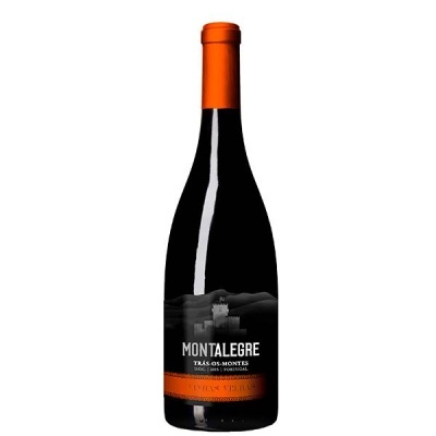 Garrafa de vinho tinto Montalegre com rótulo preto e tampa laranja