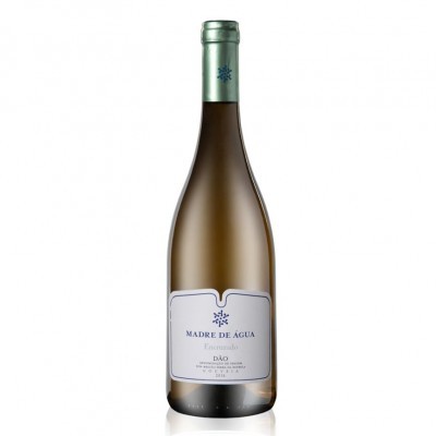 Garrafa de vinho branco MADRE DE ÁGUA em vidro castanho claro com rótulo branco e cápsula prateada