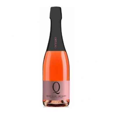 Garrafa de vinho espumante rosé com rótulo rosa e tampa preta