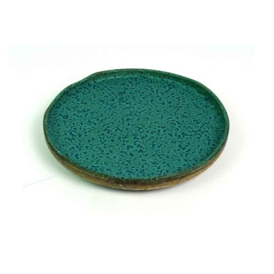 Prato redondo de cerâmica esmaltado verde azul com textura