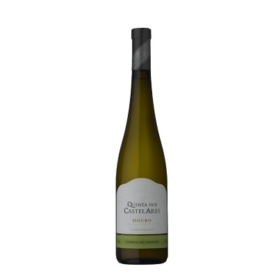 Garrafa de vinho branco Quinta dos Castelares Douro com rótulo branco e verde
